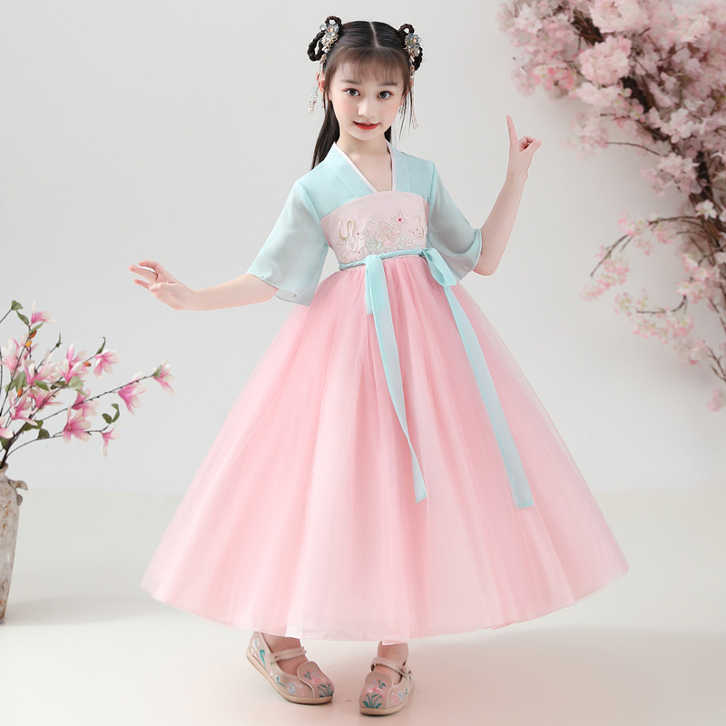 Hanfu girls short-sleeved summer children's ancient costume super fairy skirt performance clothing dress little girl thin Chinese style