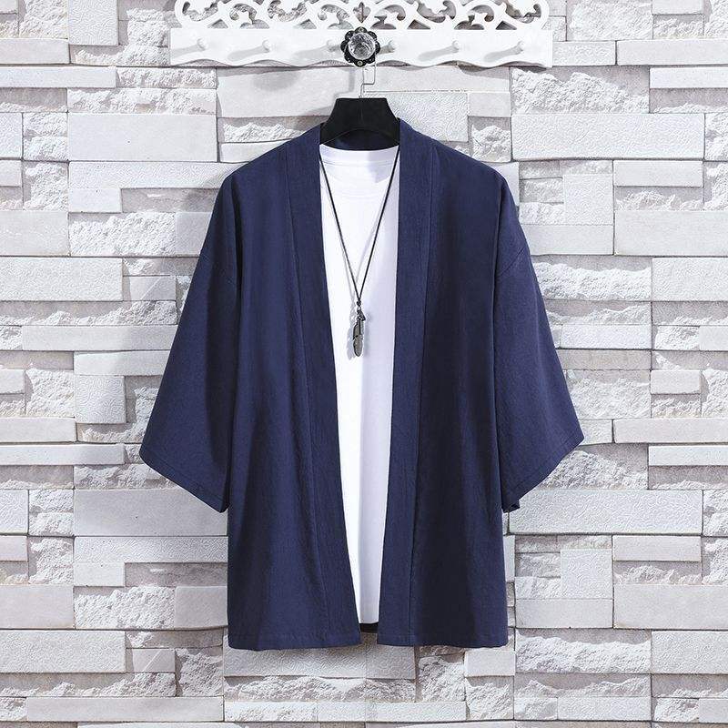 Half-Sleeve Traditional Tang Suit Cotton and Linen Three-Quarter Sleeve Robe Men's Retro Cardigan Robe Tea Clothing Linen Thin Hanfu