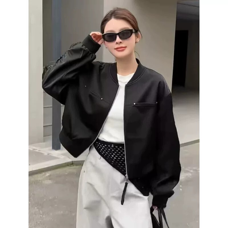 High-End European Satin Stand-Collar Baseball Jacket for Women, 2026 Spring New Style, Loose Fit, Slimming, Age-Reducing Jacket Top High-End European Satin Stand-Collar Baseball Jacket for Women, 2026 Spring New Style, Loose Fit, Slimming, Age-Reducing Jacket Top