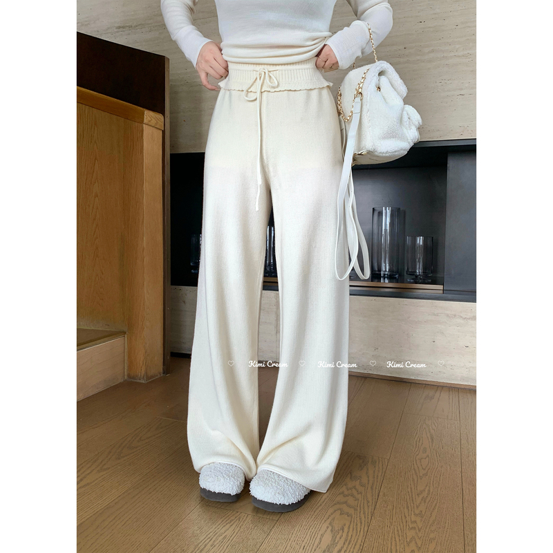 Kimicoy《Waffle Weave》Australian Wool Knitted High-Waisted Wide-Leg Casual Pants for Women with Drawstring Loose Straight-Leg Trousers