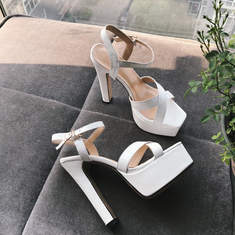 2025 New Style Sandals, Patent Leather, Genuine Leather, Chunky High Heels, Waterproof Platform, White Square Toe Shoes, Elegant Lady Style, 15cm Super High