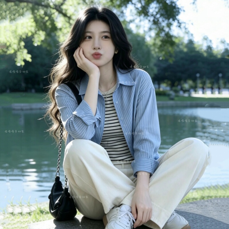 Maternity Outfit for Summer: Striped Tank Top, Shirt, Wide-Leg Pants, Complete Set for Pregnant Women, Spring and Autumn Wear for Women Maternity Outfit for Summer: Striped Tank Top, Shirt, Wide-Leg Pants, Complete Set for Pregnant Women, Spring and Autumn Wear for Women