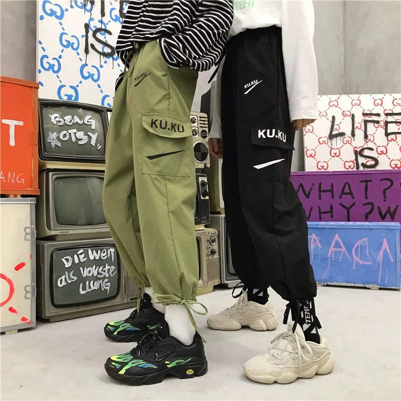 Hiphop American overalls nam và nữ mùa thu và mùa đông cộng với nhung thủy triều thương hiệu kích thước lớn bf gió thẳng in quần chân