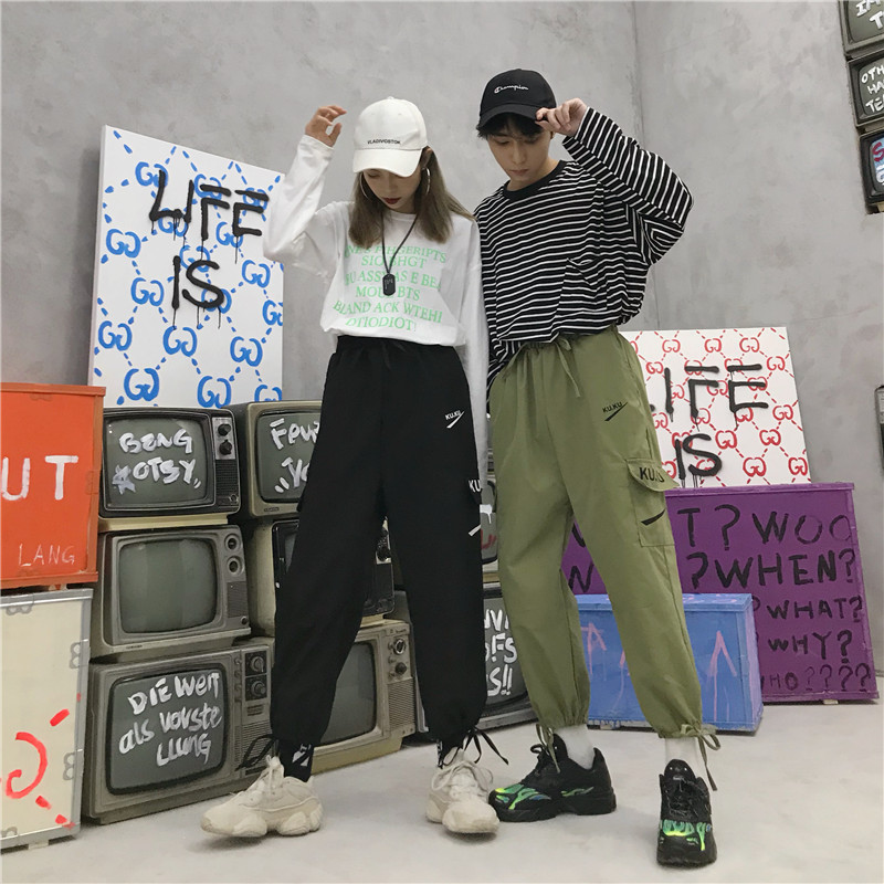 Hiphop American overalls nam và nữ mùa thu và mùa đông cộng với nhung thủy triều thương hiệu kích thước lớn bf gió thẳng in quần chân áo sweater nữ