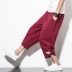 Phong cách Trung Quốc mùa hè bảy quần short trẻ trung kích thước lớn cotton và lanh rộng chân rộng quần chín thêu thêu quần áo nam hàng hiệu 3/4 Jeans