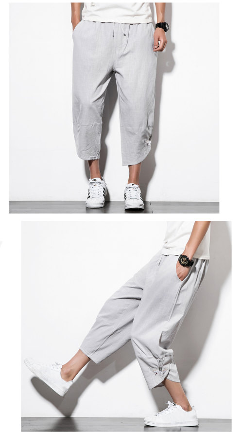 Phong cách Trung Quốc mùa hè bảy quần short trẻ trung kích thước lớn cotton và lanh rộng chân rộng quần chín thêu thêu quần áo nam