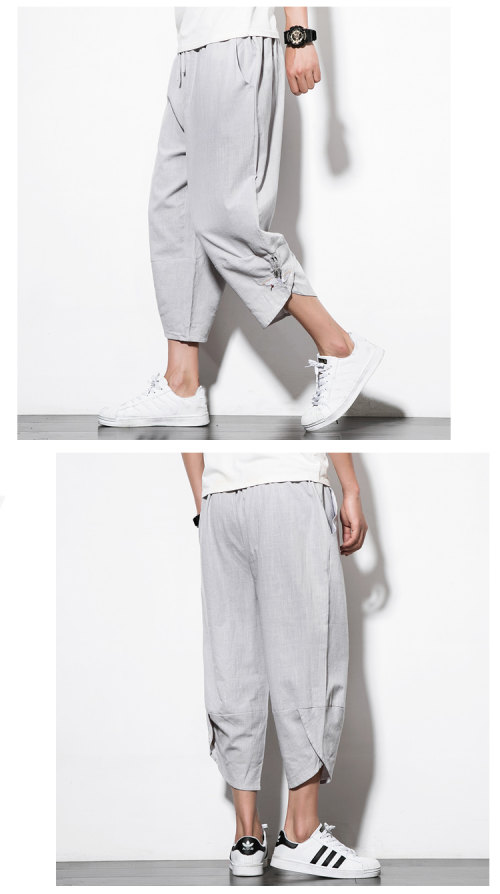 Phong cách Trung Quốc mùa hè bảy quần short trẻ trung kích thước lớn cotton và lanh rộng chân rộng quần chín thêu thêu quần áo nam