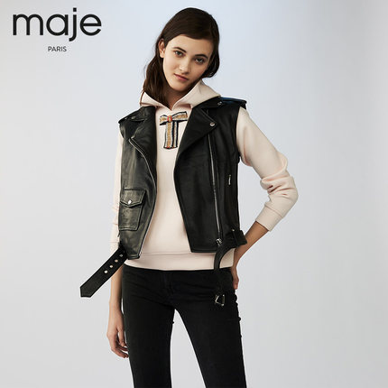 maje2018春夏新款女装 无袖夹克皮外套E18B