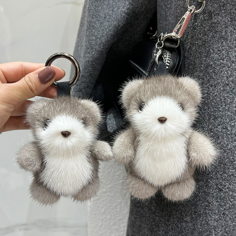 Mink Fur Cute Bear Car Keychain Pendant ins Internet Celebrity Bear Plush Doll High-End Bag Charm