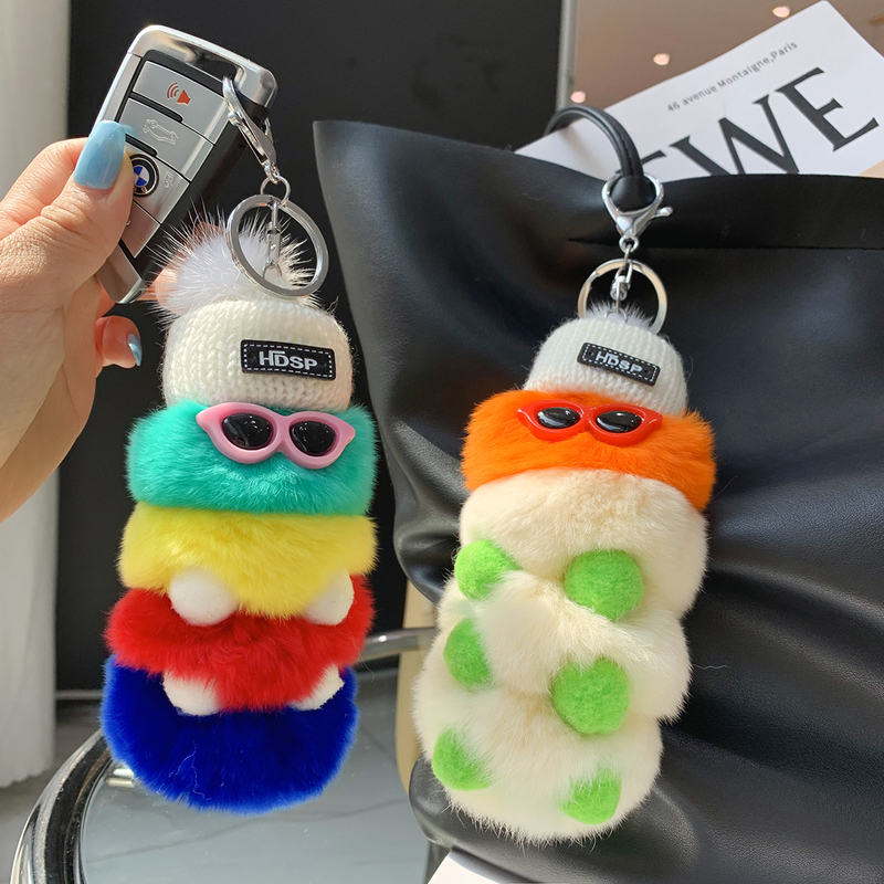 Rabbit Fur Caterpillar Pendant Car Keychain Couple Doll Ornament with Glasses and Fur Ball Accessories