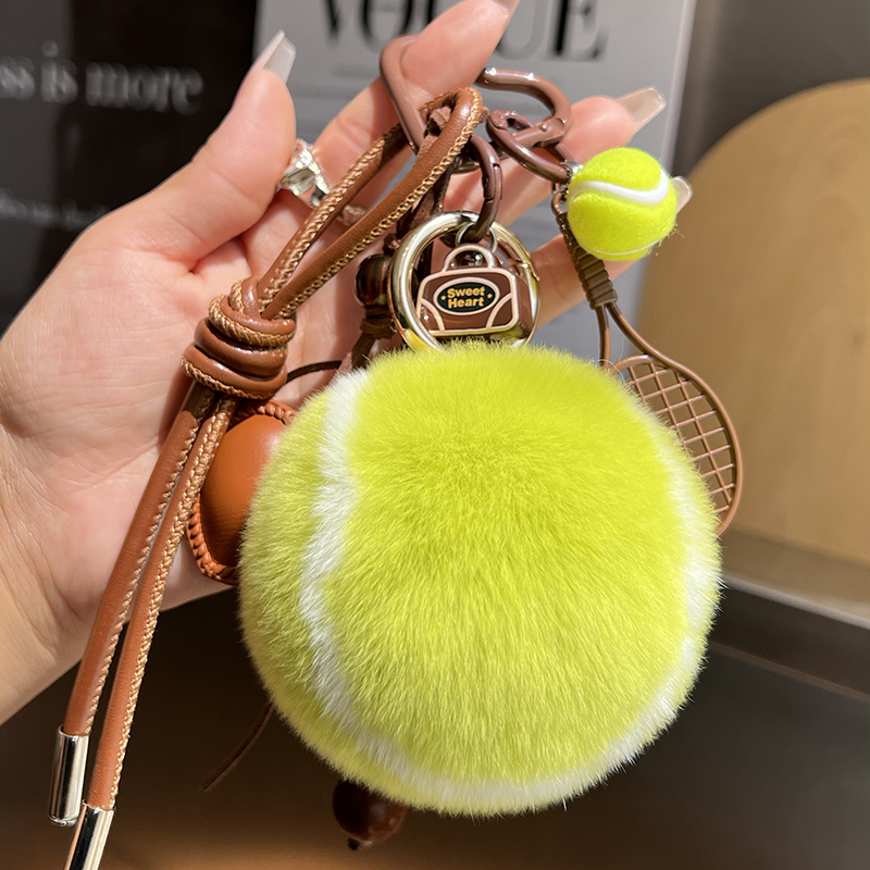 [Cute Little Tennis Ball] Real Rex Rabbit Fur Tennis Ball Car Keychain Pendant ins Plush Ball Backpack Decoration