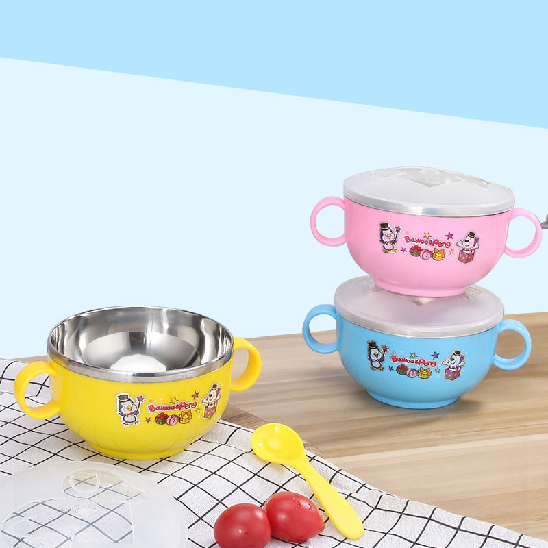 Children's stainless steel spoon set Baby Bowl baby supplement bowl tableware cartoon small Bowl heat insulation anti-drop double Bowl