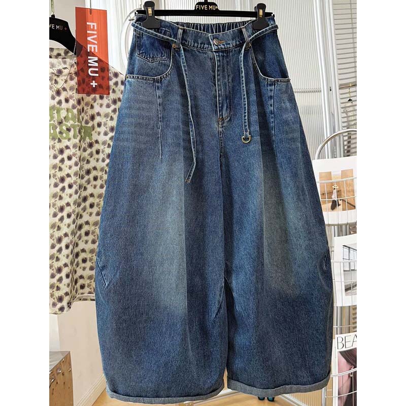 Extra Large Size 150kg Retro Lace-Up Denim Wide-Leg Pants for Women 2026 Summer New Versatile Design Scimitar Pants