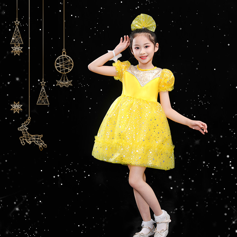61 children to play dress girl dance fluffy skirt yellow short sleeve princess dress kindergarten cheerleader