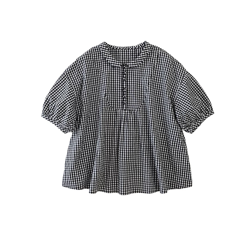Hitchike's Japanese Imported Black and White Checkered Fabric Loose Casual Lapel Doll Shirt 2026