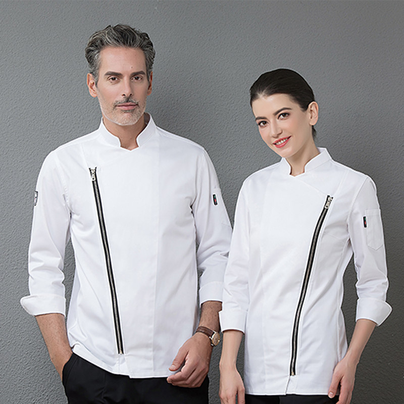 New chef overalls Mens long-sleeved autumn and winter zipper hotel western food black trend chef suit white
