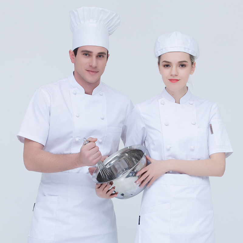 Pure white chef overalls Mens short sleeve summer breathable cloth buckle hotel restaurant steak kitchen chef clothing