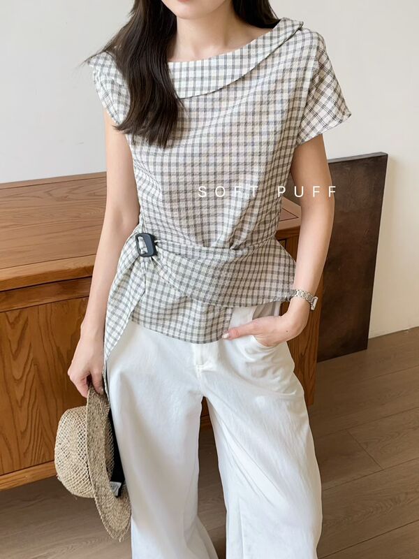 Puff Sleeve Summer Boat Neck Off-Shoulder Adjustable Tie T-Shirt for Women, Casual Versatile Slimming Waist-Cinching Top