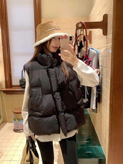 Stehkragen, weiße Oberbekleidung, Baumwollweste, Damen-Winter, lässig, locker, vielseitig, schwarzer Mantel, ärmelloses Weste-Top