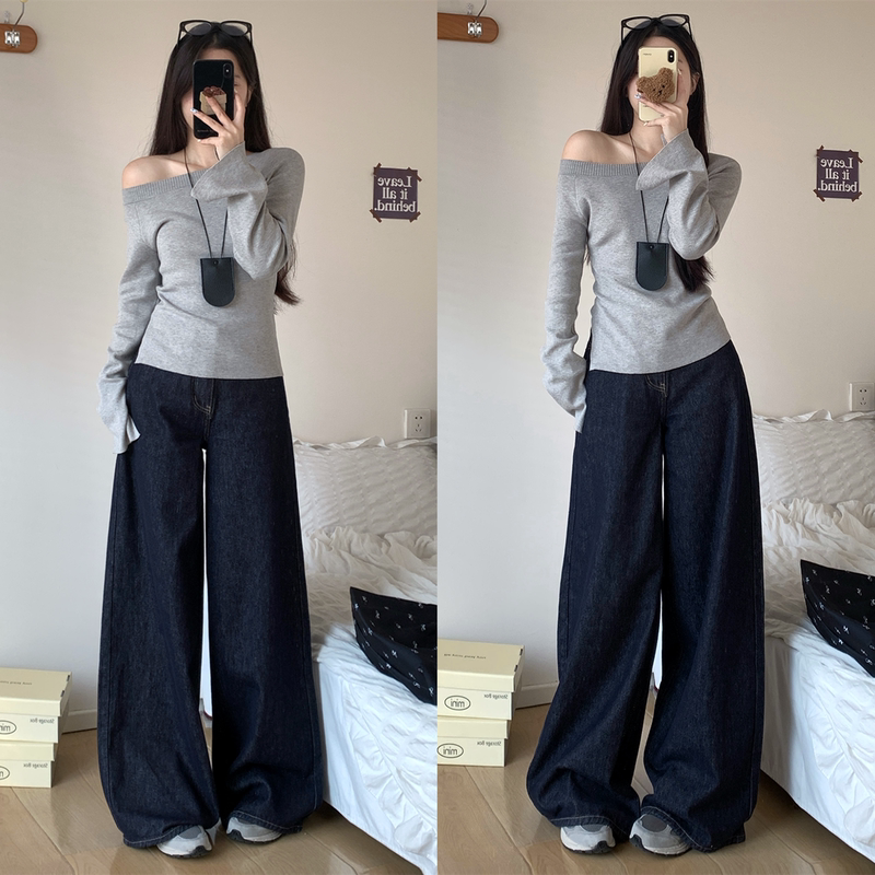 Summer New Style Lazy American-Style Dark Blue Loose Wide-Leg Scimitar Denim Jeans for Women, Casual Petite Straight-Leg Pants