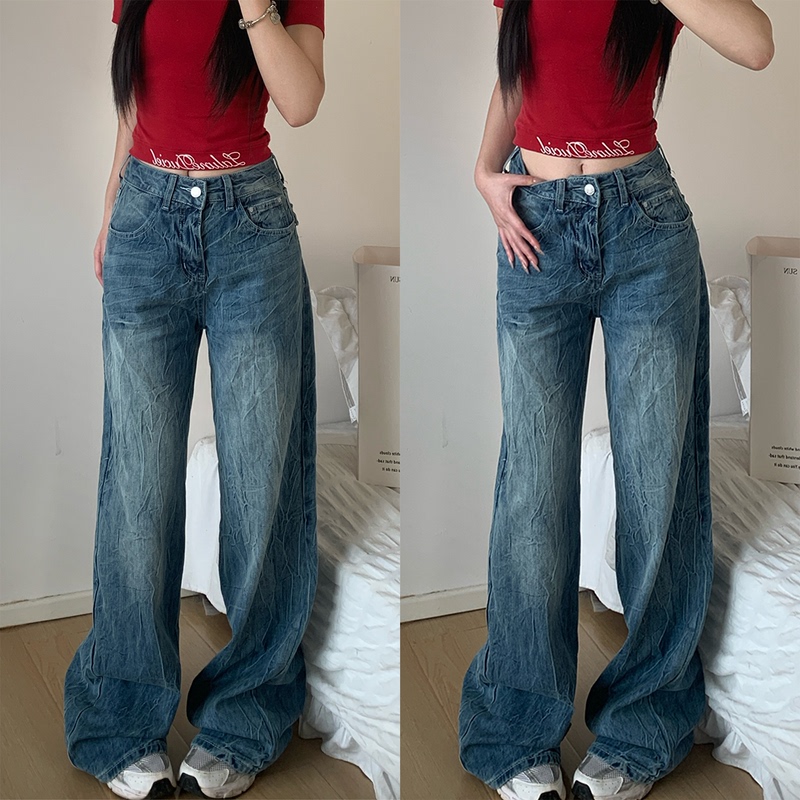 Embroidered Logo Washed Retro Blue Wide-Leg Jeans for Women 2026 Summer New Low-Waist Loose Slimming Casual Straight Pants