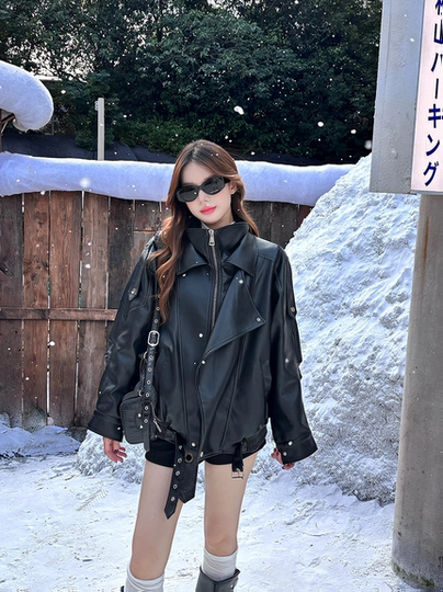 Black Leather Jacket for Women 2025 Autumn and Winter New Style Cool and Stylish Loose Lazy American Heavy-Duty Pu Motorcycle Leather Jacket