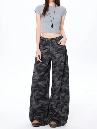 Amerikanische High-Street-Arbeitskleidung, weites Bein, Camouflage-Jeans für Damen, kleine Retro-Hosen mit hoher Taille, lockere, schlanke, gerade Hosen im Herbst