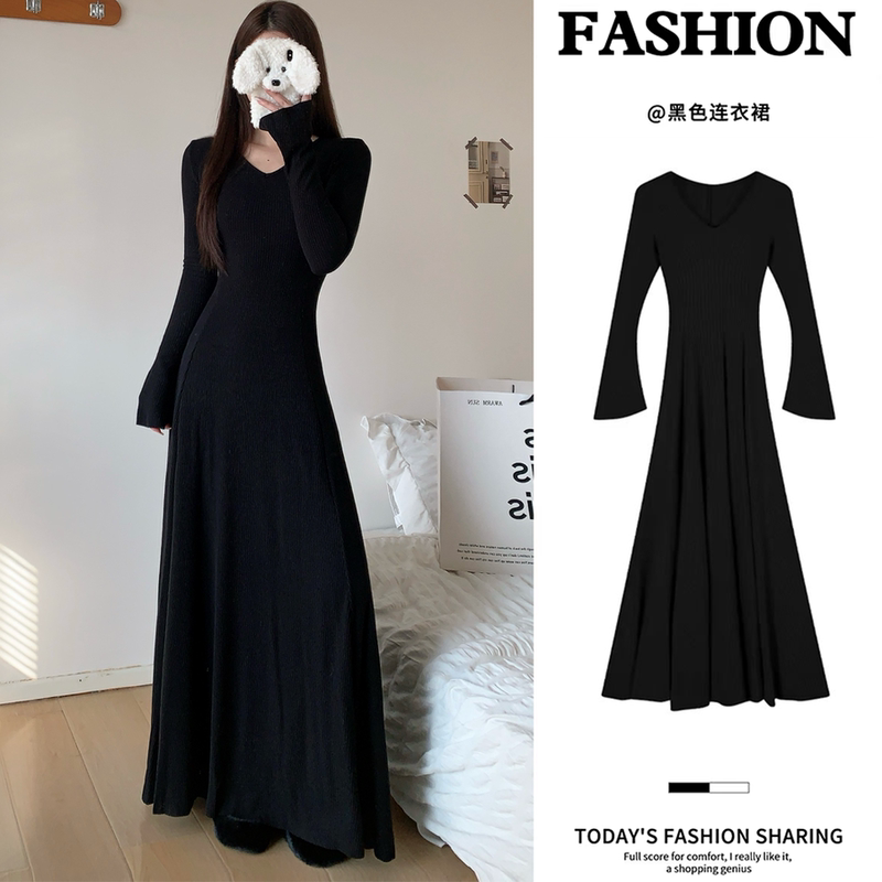 French-Style V-Neck Long-Sleeve Long Knit Dress for Women, Autumn Black Waist-Cinching Beautiful Slim-Fit Long A-Line Dress