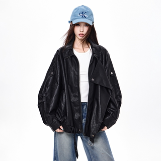 [Planet] Women's Leather Jacket 2025 New Style Super Popular Black Cool and Stylish Petite High-End Biker Jacket