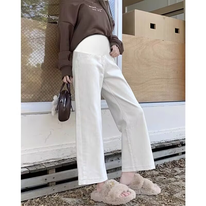 Maternity Jeans Spring and Summer Style, Cropped Wide-Leg Pants for Petite Women, Fashionable White Casual Straight-Leg Pants for Autumn Maternity Jeans Spring and Summer Style, Cropped Wide-Leg Pants for Petite Women, Fashionable White Casual Straight-Leg Pants for Autumn