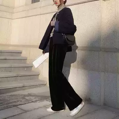 Pregnant women corduroy wide leg pants autumn and winter belly loose black strippery straight slim casual plus velvet padded trousers