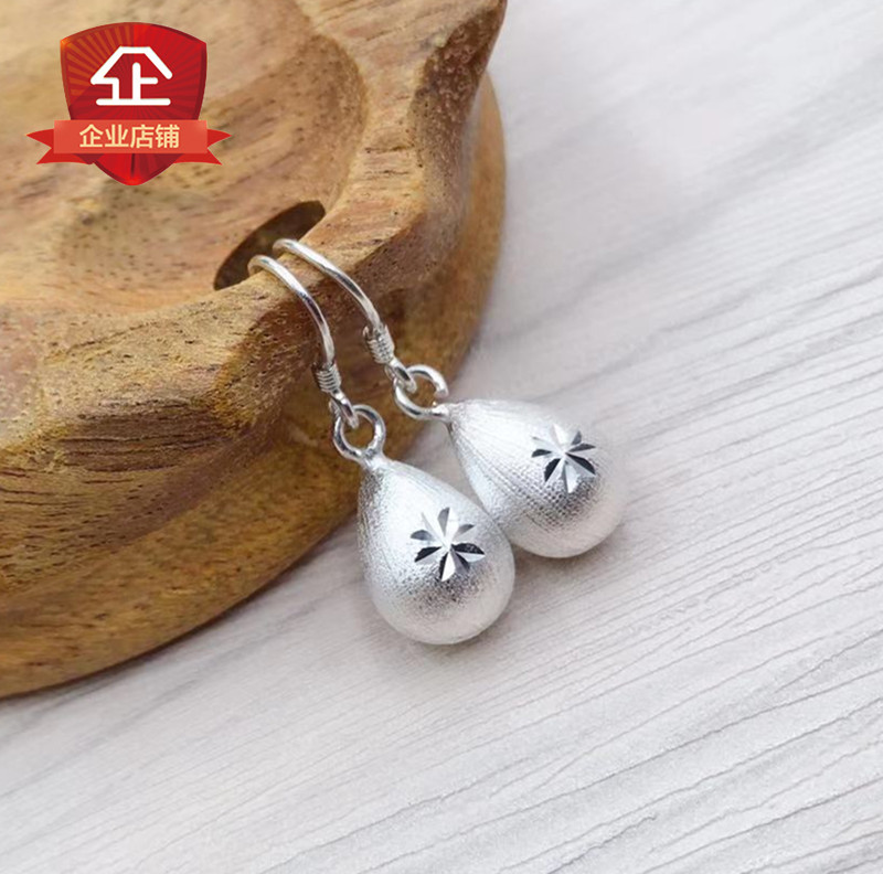 Pure silver ear ring 999 female foot silver long version ear ring glossy round pearl pendant drop wire drawing ear hook earrings to send girlfriend gift