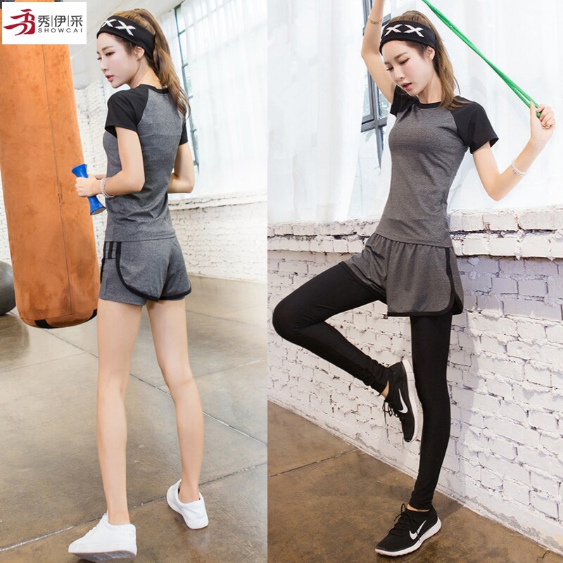 Yoga sports suit women's professional fitness clothes Gym spring and summer Korea running two-piece set short-sleeved shorts outdoor