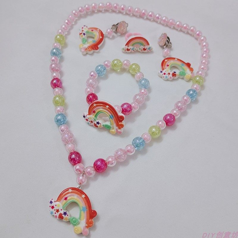 Baby Necklace Children's Bracelet Colorful Dream Rainbow Girls Necklace Set Ear Clip Ring Little Girls First Jewelry