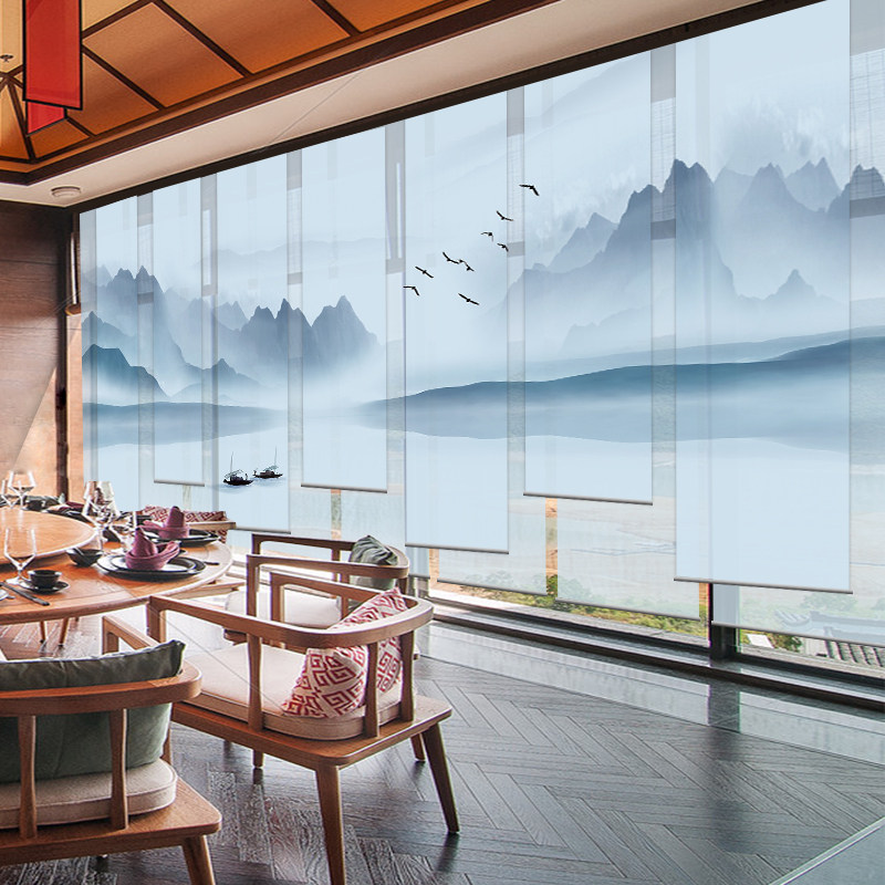 New Chinese roller shutter decoration Soft partition curtain Curtain Hanging Screen Xuanguan Background Tea Room Office Shading Electric 