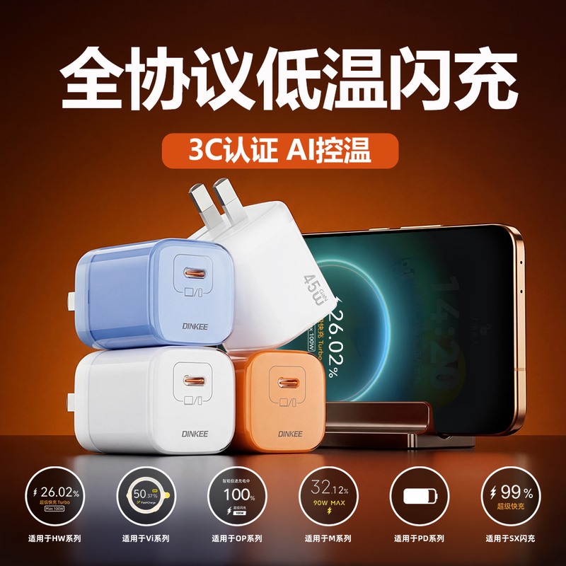 Dinkee Gan Charger with Full Protocol Fast Charging for Apple, Huawei, Iqoo, Honor, Xiaomi, Oppo, Oneplus, Vivo Phones and Laptops, Flash Charging, Ice Cube Size