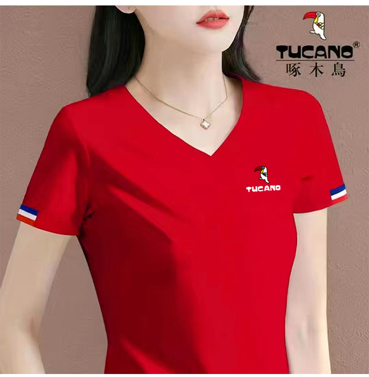 Woodpecker Pure Cotton V-Neck Short-Sleeved T-Shirt for Women 2026 New Trendy Summer Popular Stylish Top Red Half-Sleeve T-Shirt