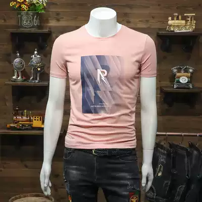 Men's T-shirt summer new short-sleeved round neck T-shirt Mercerized cotton stretch slim-fit embroidery letters wild simple short-sleeved