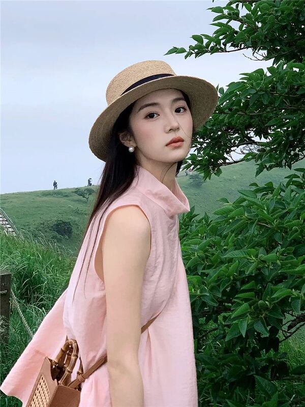Pink Halter Neck Sleeveless New Style Camisole Thin Loose Babydoll Shirt Sweet Style Versatile Top for Women Summer
