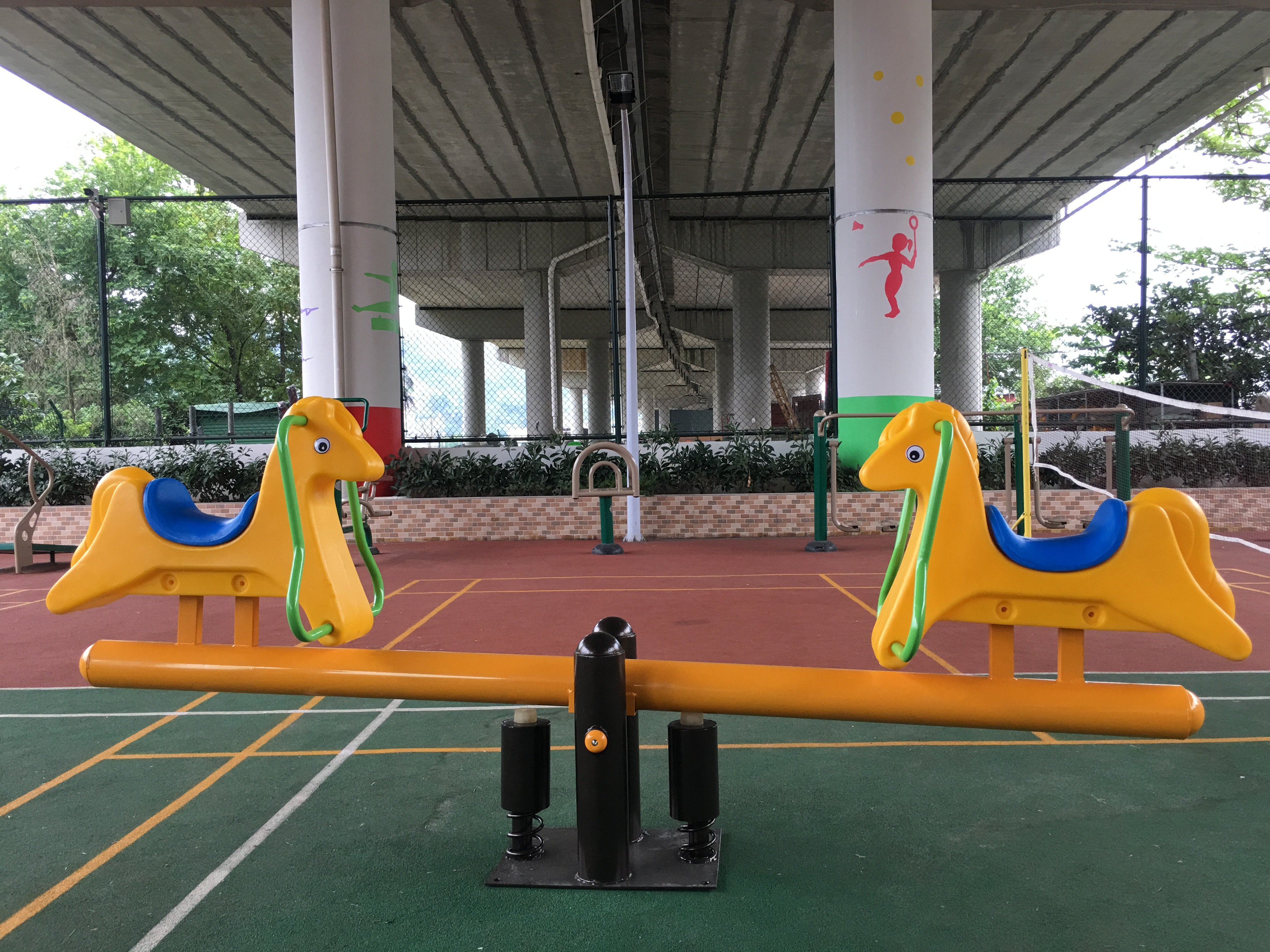 PE plate spring rocking horse plastic rocking music kindergarten outdoor park community cartoon Trojan double seesaw