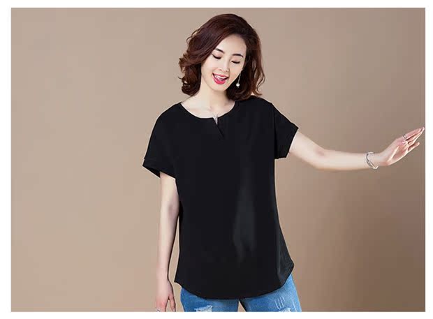 Cộng với áo thun phân bón cotton cotton mùa hè chất béo của phụ nữ áo thun ngắn tay cổ chữ V cho mẹ trung niên áo thun cotton - Áo phông áo thun nữ cổ tim
