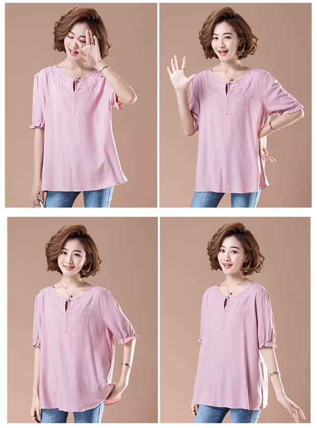 Áo cotton và áo lanh bằng vải lanh cotton nửa tay áo thun ngắn tay cộng với phân bón XL mùa hè chất béo của mẹ - Áo phông áo phông gucci nữ