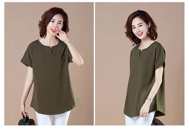 Cộng với áo thun phân bón cotton cotton mùa hè chất béo của phụ nữ áo thun ngắn tay cổ chữ V cho mẹ trung niên áo thun cotton - Áo phông áo thun nữ cổ tim