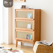 Nordic Japanese cherry wood small bookcase solid wood bucket storage rattan storage locker living room bookshelf small side cabinet
