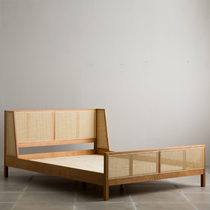 Nordic Japanese solid wood double bed Retro rattan bed Simple modern oak Cherry wood master bed 1 8 wedding bed