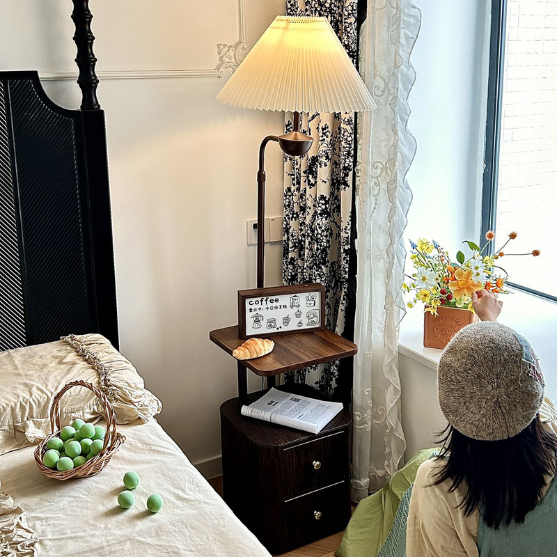 New Floor Lamp with Retro Style, Integrated Bedside Table Lamp for Bedroom, Storage Cabinet Next to Sofa in Living Room, Decorative Ambient Light
