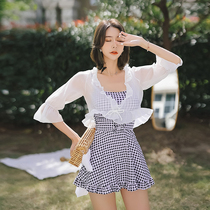 Lace blouse cute Japanese thin belly covered belly plaid hipster conservative skirt student hot spring swimsuit female