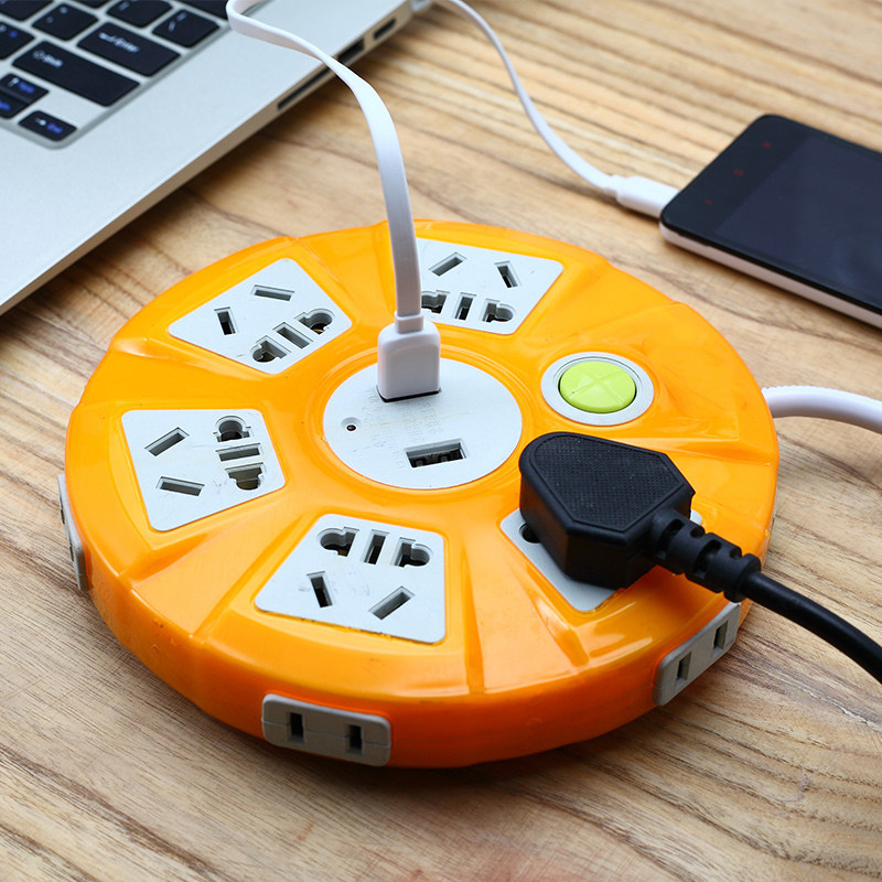 Home Socket Round USB Phone Charging Plugboard Creative Porous Inserted Platoon patch cord with wire 3 5 m