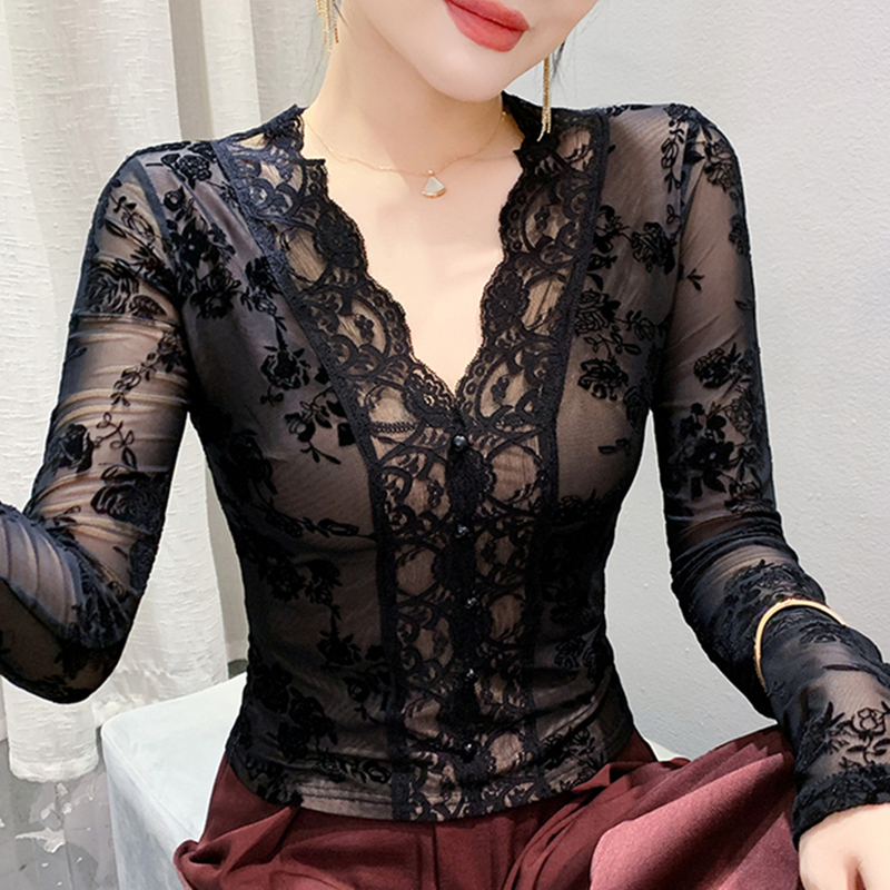 Authentic Gejia New Sexy V-Neck Lace Base Shirt for Women, Long-Sleeved Black Fleece-Lined Mesh Inner Layer Slimming Top