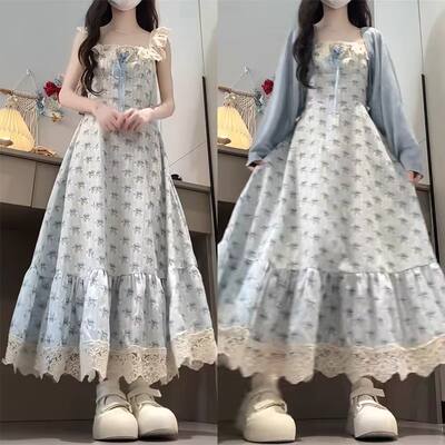 Sweet blue floral print dress sub-set for women 2026 early spring beautiful vacation long dress with lace trim cardigan